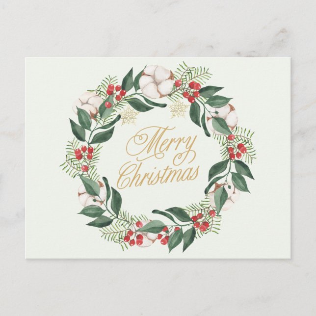 Merry Christmas Watercolor Wreath with Berries Holiday Postcard (Front)