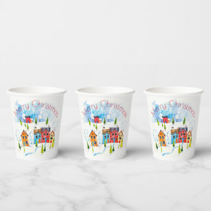 Merry Christmas watercolour snowy township Paper Cups