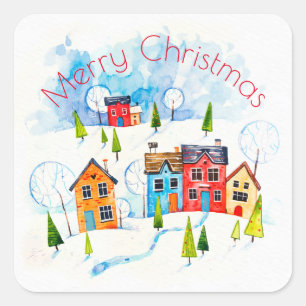 Merry Christmas watercolour snowy township Square Sticker