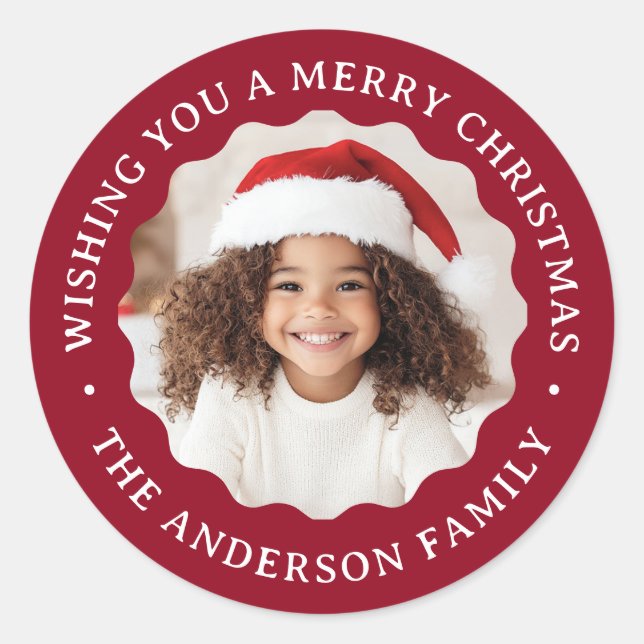 Merry Christmas wavy border deep dark red photo Classic Round Sticker (Front)