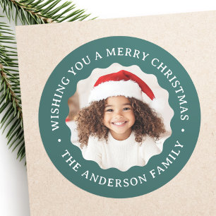Merry Christmas wavy border pine green photo Classic Round Sticker