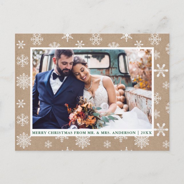 Merry Christmas Wedding Photo Snowflakes Kraft Postcard (Front)
