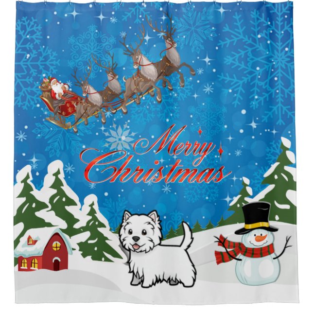 Merry Christmas West Highland Terrier With Santa Shower Curtain (Front)