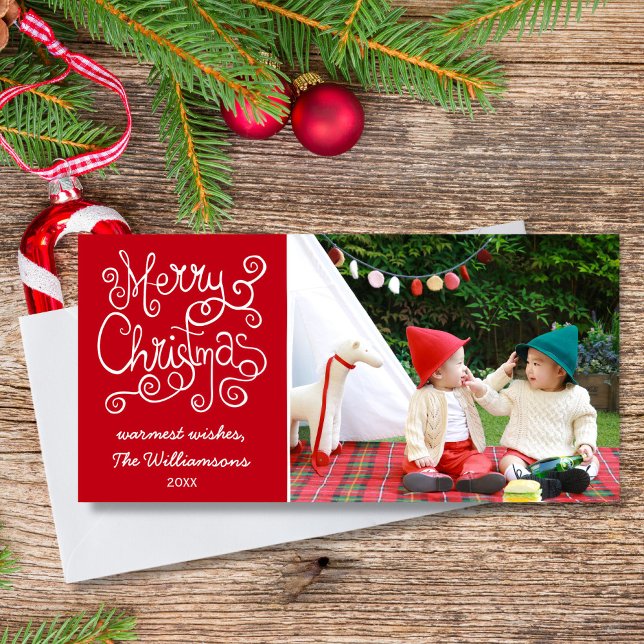 Merry Christmas Whimsical Calligraphy Swirl Photo Holiday Card (Creator Uploaded)