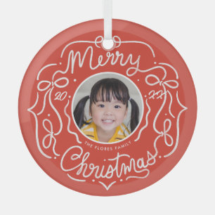Merry Christmas Whimsical Doodle Photo Glass Tree Decoration