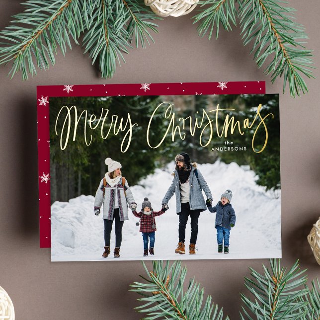 Merry Christmas Whimsical Gold Script Photo Foil Holiday Card (Creator Uploaded)