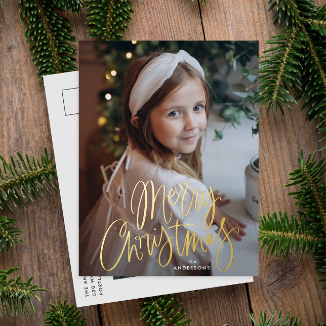 Merry Christmas Whimsical Gold Script Photo Foil Holiday Postcard (Creator Uploaded)