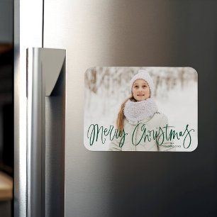 Merry Christmas Whimsical Green Script Photo Magnet