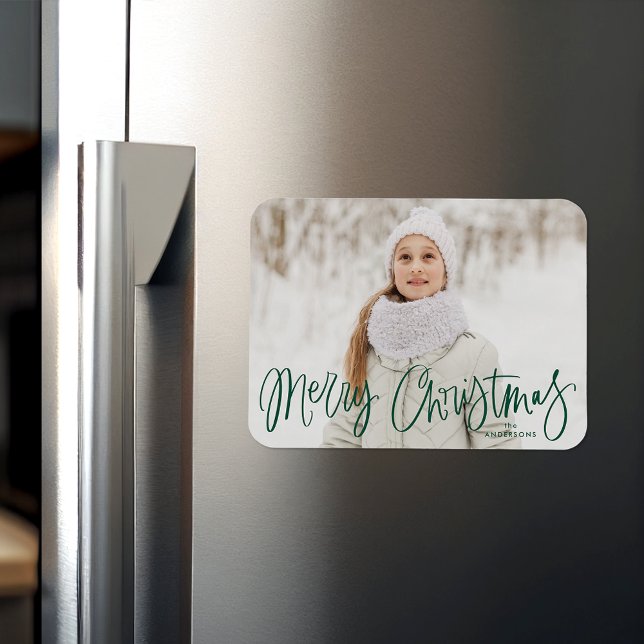 Merry Christmas Whimsical Green Script Photo Magnet (Creator Uploaded)
