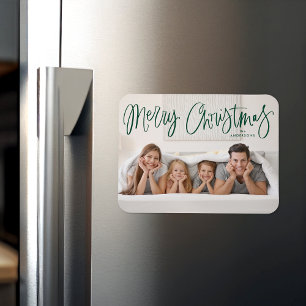 Merry Christmas Whimsical Green Script Photo Magnet