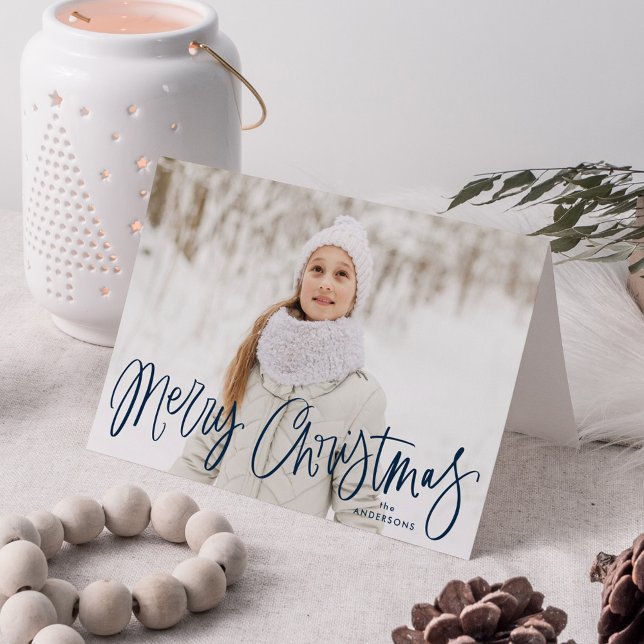 Merry Christmas Whimsical Navy Script Photo Holiday Card (Creator Uploaded)