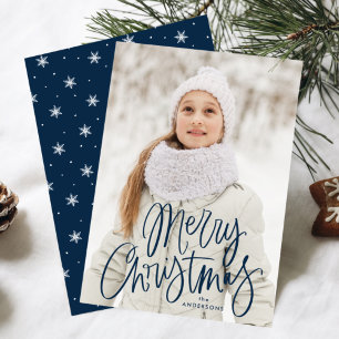 Merry Christmas Whimsical Navy Script Photo Holiday Card