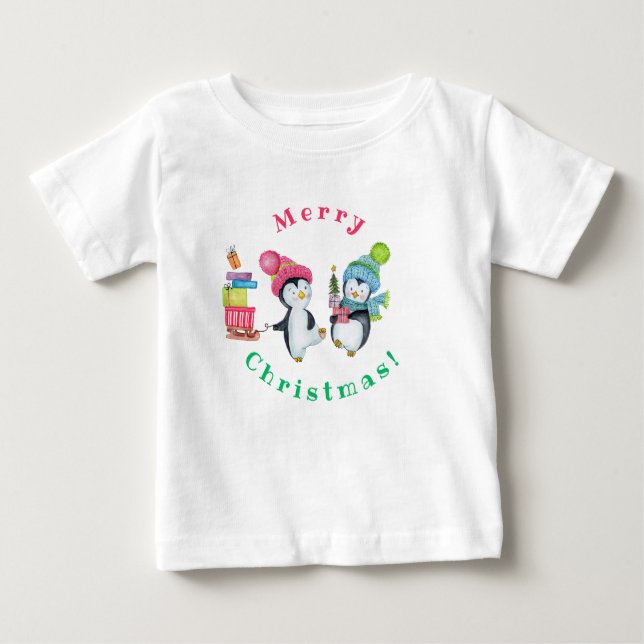 Merry Christmas Whimsical Penguins Bringing Gifts Baby T-Shirt (Front)