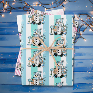 Merry Christmas Whimsical Pink Blue Snowmen Wrapping Paper Sheet