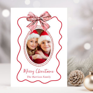 Merry Christmas Whimsical Red Wavy Frame Bow Photo Holiday Card
