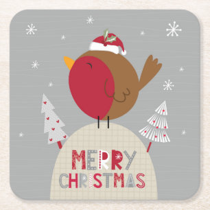 Merry Christmas Whimsical Robin Square Paper Coaster