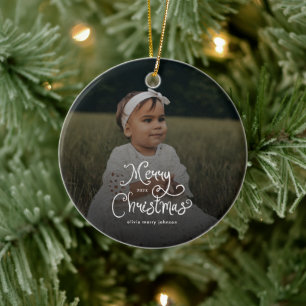 Merry Christmas Whimsical Script Baby Photo Ceramic Ornament