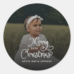 Merry Christmas Whimsical Script  Baby Photo  Classic Round Sticker