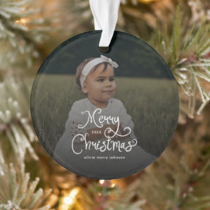 Merry Christmas Whimsical Script Baby Photo Ornament