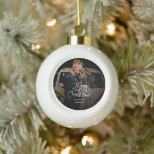Merry Christmas Whimsical Script  Custom Photo  Ceramic Ball Christmas Ornament