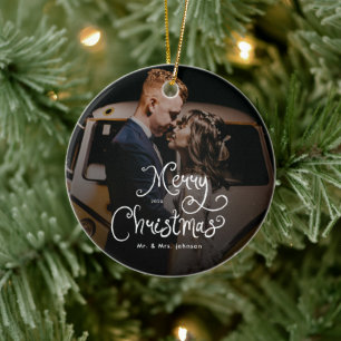 Merry Christmas Whimsical Script Custom Photo Ceramic Ornament