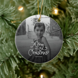 Merry Christmas Whimsical Script custom Photo Dog Ceramic Ornament