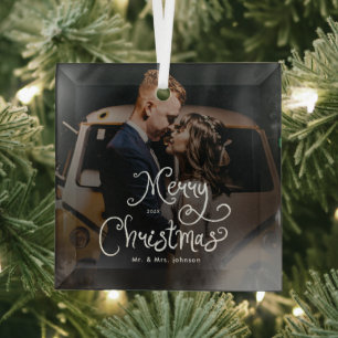 Merry Christmas Whimsical Script  Custom Photo  Glass Tree Decoration