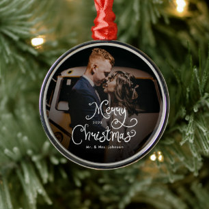 Merry Christmas Whimsical Script Custom Photo Metal Ornament