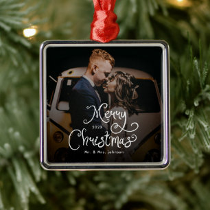 Merry Christmas Whimsical Script Custom Photo Metal Ornament