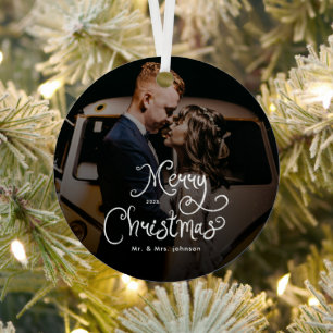 Merry Christmas Whimsical Script Custom Photo Metal Tree Decoration