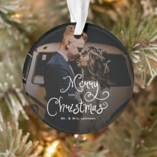 Merry Christmas Whimsical Script Custom Photo Ornament