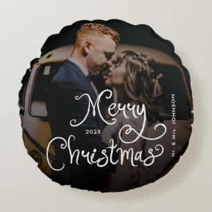 Merry Christmas Whimsical Script  Custom Photo  Round Cushion