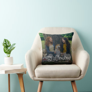 Merry Christmas Whimsical Script Family Photo Dog Cushion