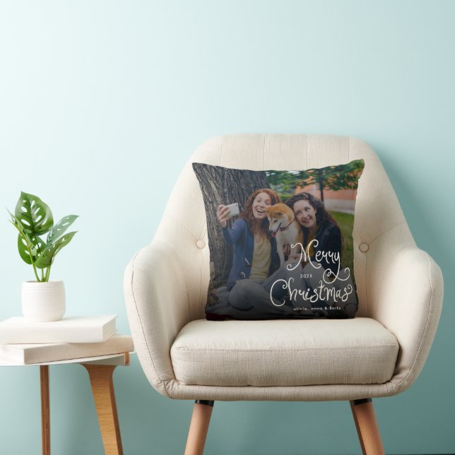 Merry Christmas Whimsical Script Family Photo Dog Cushion (Chair)