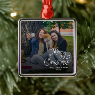 Merry Christmas Whimsical Script Family Photo Dog Metal Ornament