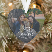 Merry Christmas Whimsical Script Family Photo Dog