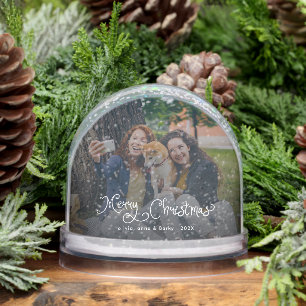 Merry Christmas Whimsical Script Family Photo Dog Snowglobe