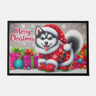 Merry Christmas Whimsical Siberian Husky Dog Xmas Doormat