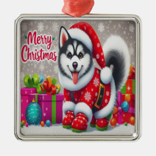 Merry Christmas Whimsical Siberian Husky Dog Xmas Metal Ornament