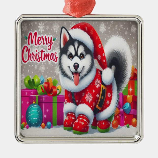 Merry Christmas Whimsical Siberian Husky Dog Xmas Metal Ornament (Front)