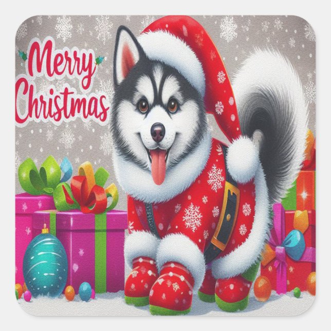 Merry Christmas Whimsical Siberian Husky Dog Xmas Square Sticker (Front)