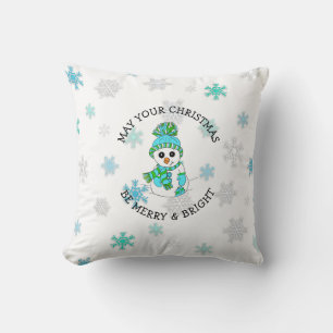 Merry Christmas Whimsical Snowman and Snowflake Cushion