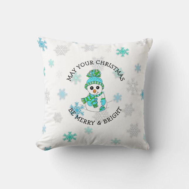 Merry Christmas Whimsical Snowman and Snowflake Cushion (Front)