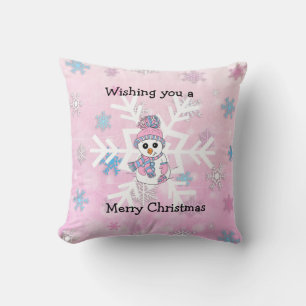 Merry Christmas Whimsical Snowman and Snowflake Cushion