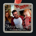 Merry Christmas Whimsical Sparkles Holiday Photo Metal Ornament<br><div class="desc">This fun holiday ornament features a whimsical design with a bounty of sparkles or white stars overlaid on your photo. The caption is written in an elegant script handwriting font and reads Merry Christmas! There is space for your name and the year, making this ornament a perfect gift or family...</div>