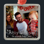 Merry Christmas Whimsical Sparkles Holiday Photo Metal Ornament<br><div class="desc">This fun holiday ornament features a whimsical design with a bounty of sparkles or white stars overlaid on your photo. The caption is written in an elegant script handwriting font and reads Merry Christmas! There is space for your name and the year, making this ornament a perfect gift or family...</div>