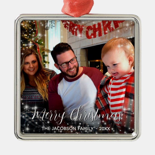 Merry Christmas Whimsical Sparkles Holiday Photo Metal Ornament (Front)