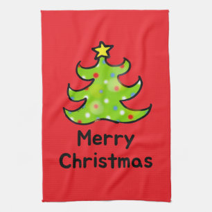 Merry Christmas Whimsical Tree Design Tea Towel
