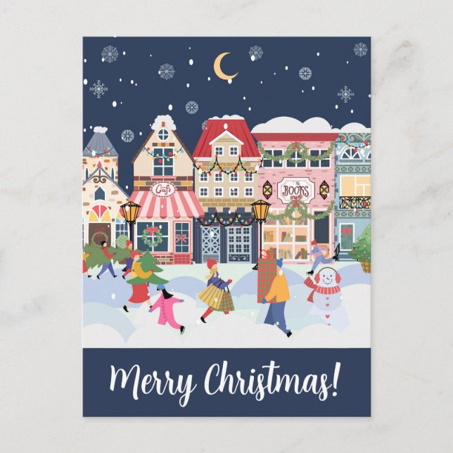 Merry Christmas Whimsy Winter Town Personalise Postcard (Front)