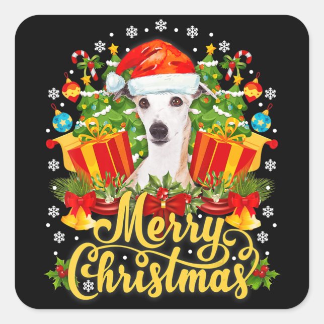 Merry Christmas Whippet Mum Dad Xmas Square Sticker (Front)